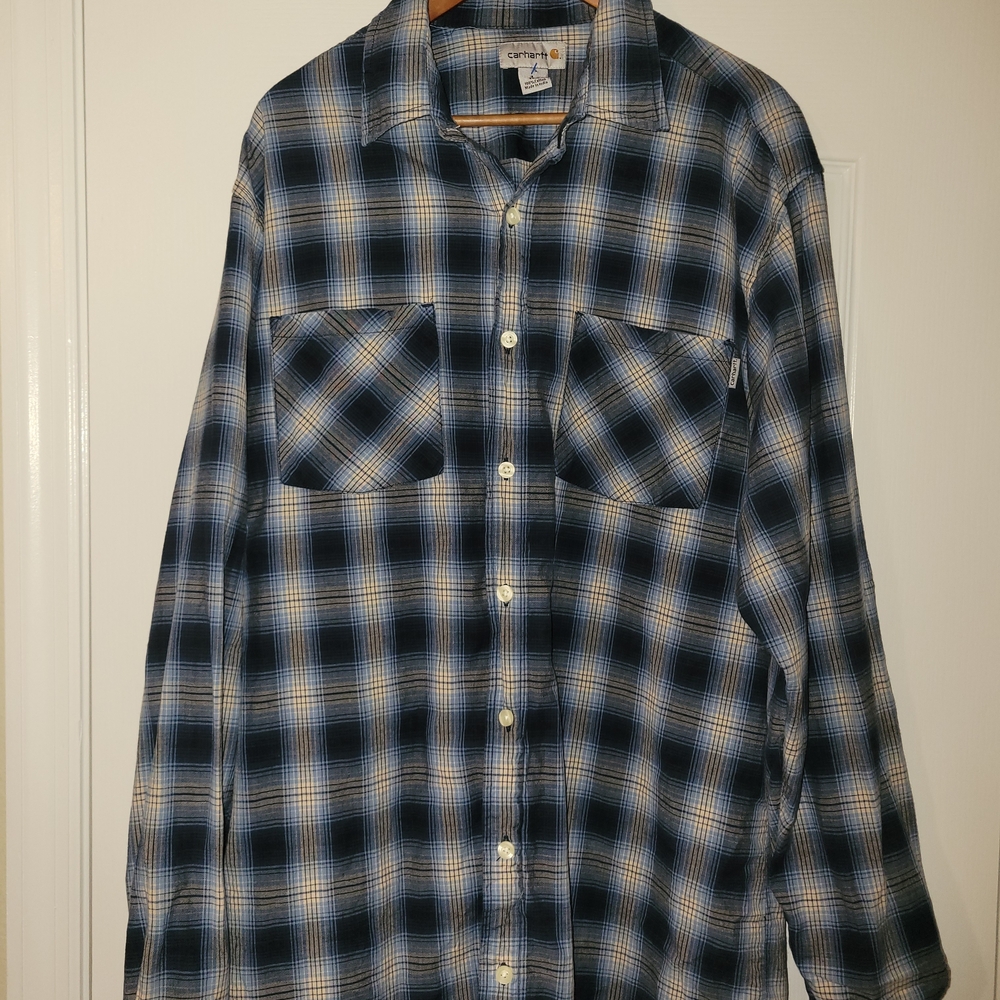 Carhartt Men’s Flannel Shirt Large Tall LT Blue Plaid Button Front Workwear